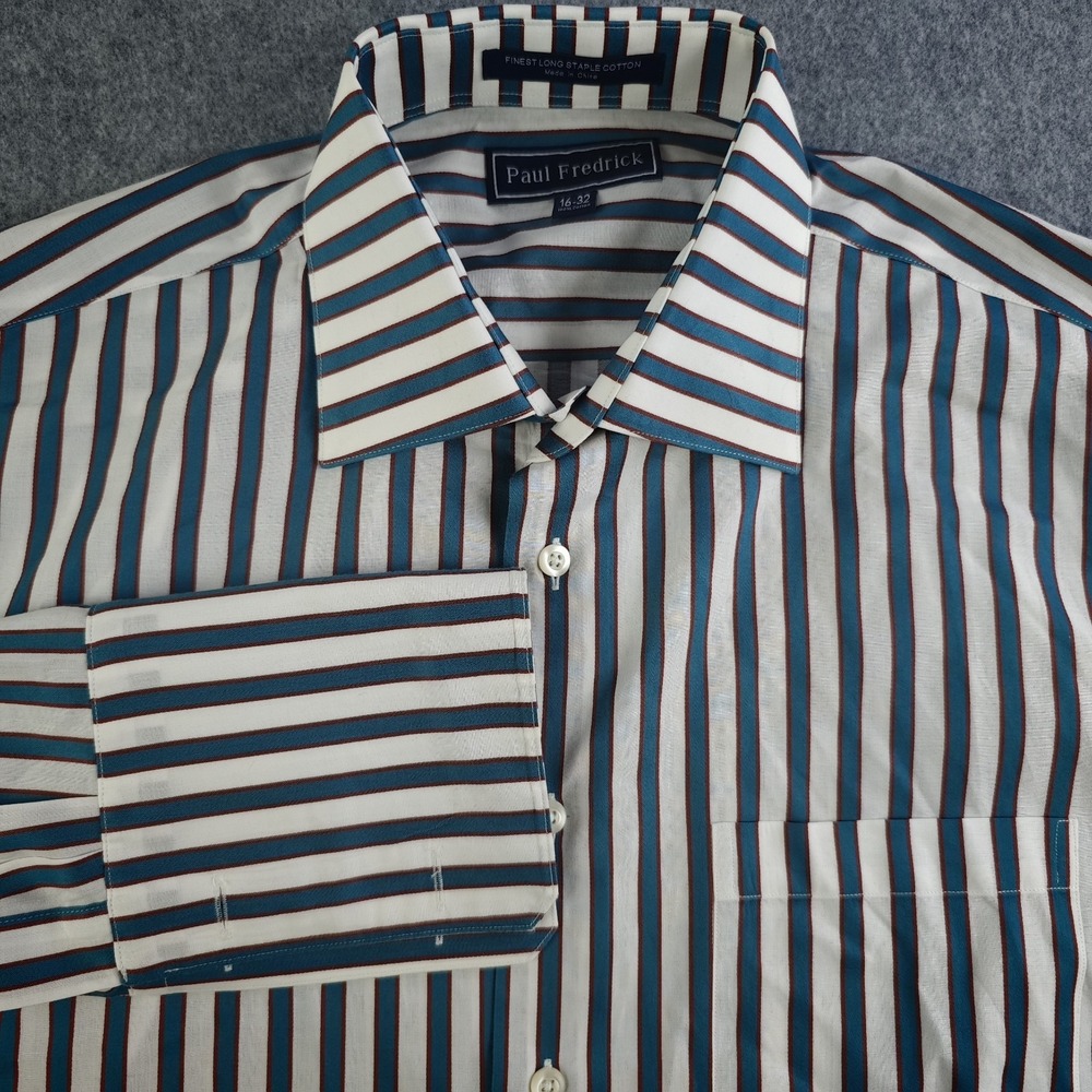 Paul Fredrick Dress Shirt Mens 16 32 White Blue Striped French Cuff Cotton